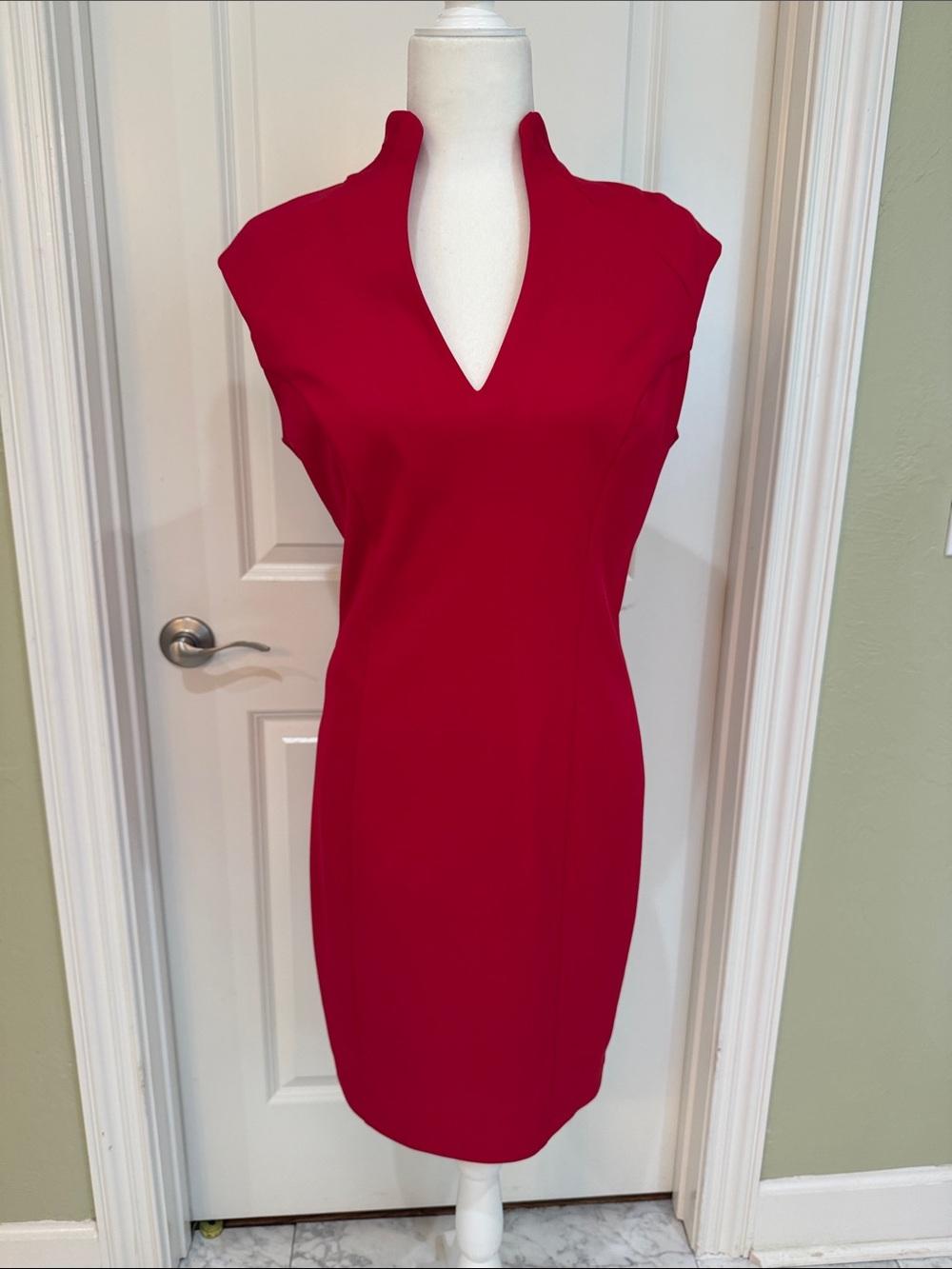 Neiman Marcus Red V-Neck Sexy Sheath Dress